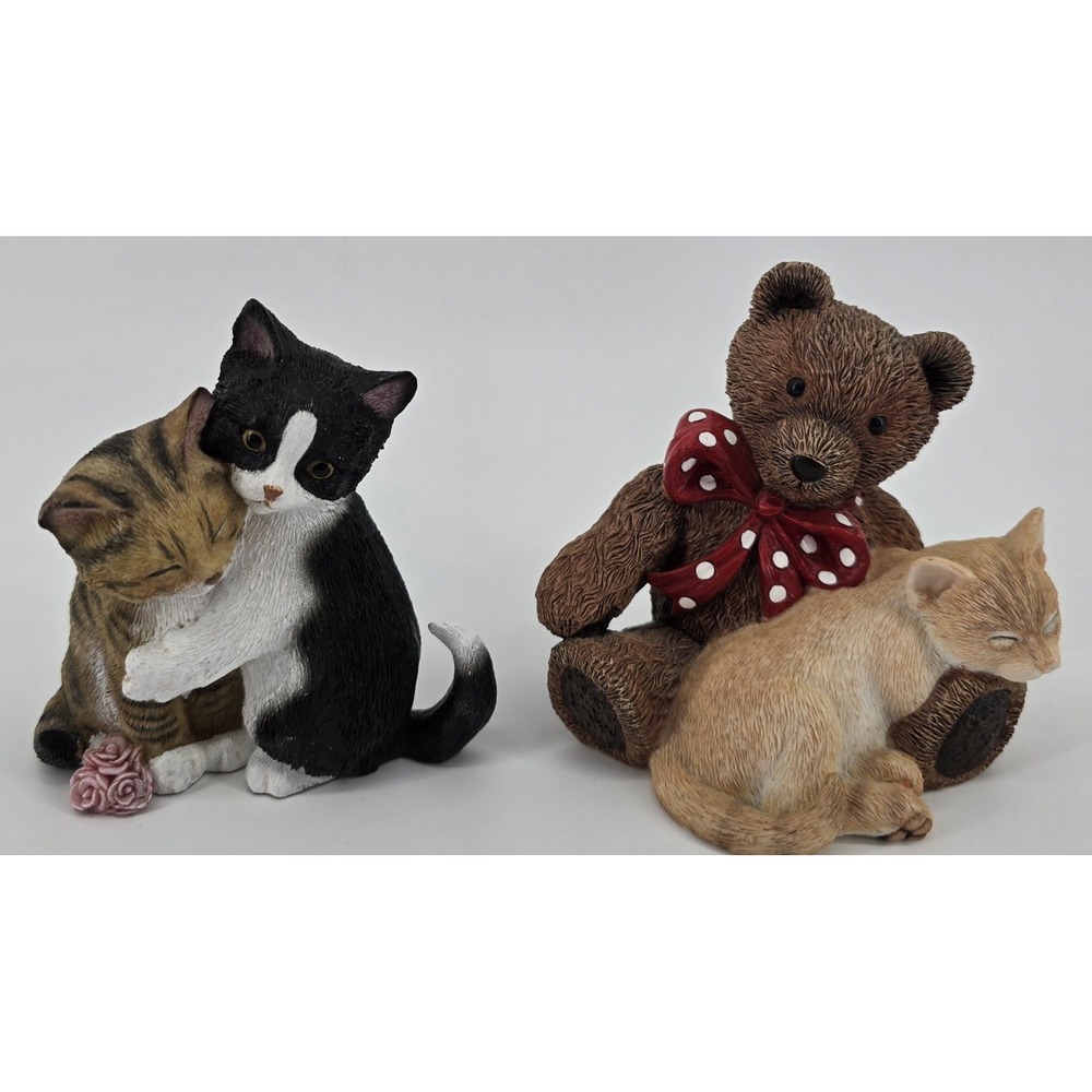 2 Vintage Small Lenox Kitty Figurines Sweethearts & Teddy Resin 2003 2005 3" Cat
